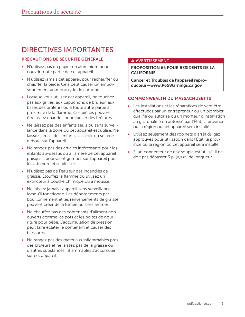 Directives importantes, Précautions de sécurité | Wolf 36 Inch Pro-Style Gas Rangetop Use and Care Guide User Manual | Page 33 / 58