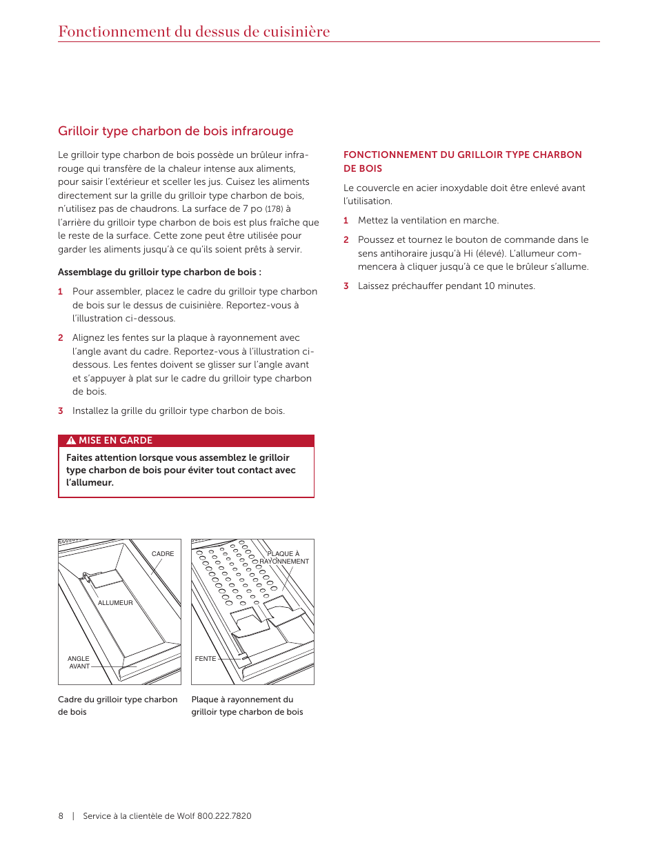Fonctionnement du dessus de cuisinière, Grilloir type charbon de bois infrarouge | Wolf 36 Inch Pro-Style Gas Rangetop Use and Care Guide User Manual | Page 36 / 58