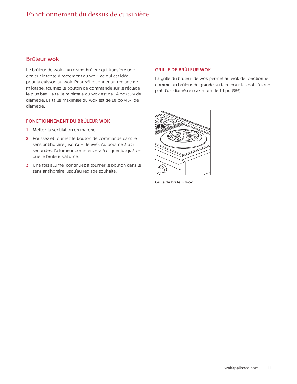 Fonctionnement du dessus de cuisinière, Brûleur wok | Wolf 36 Inch Pro-Style Gas Rangetop Use and Care Guide User Manual | Page 39 / 58