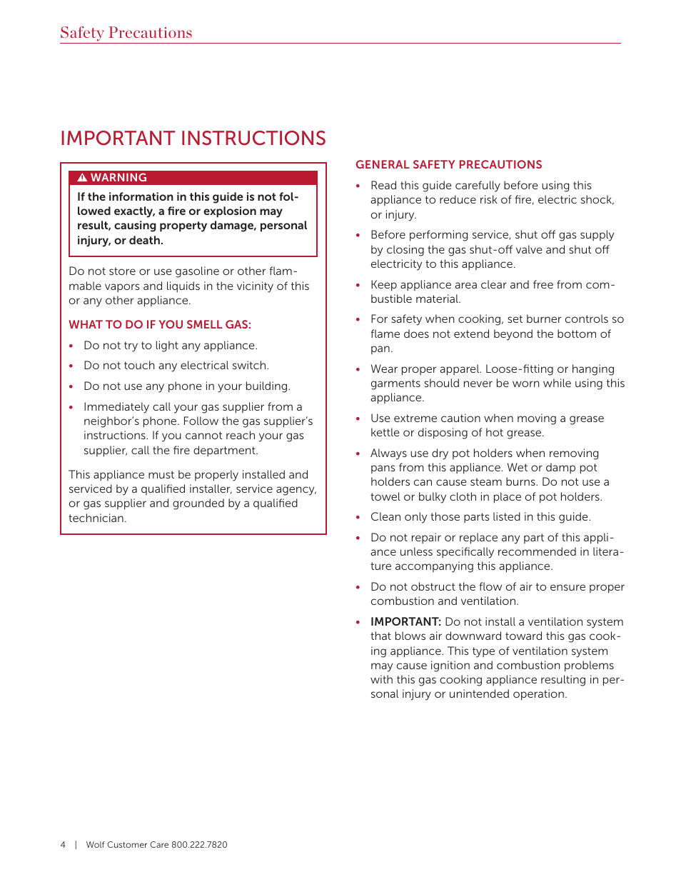 Important instructions, Safety precautions | Wolf 36 Inch Pro-Style Gas Rangetop Use and Care Guide User Manual | Page 4 / 58