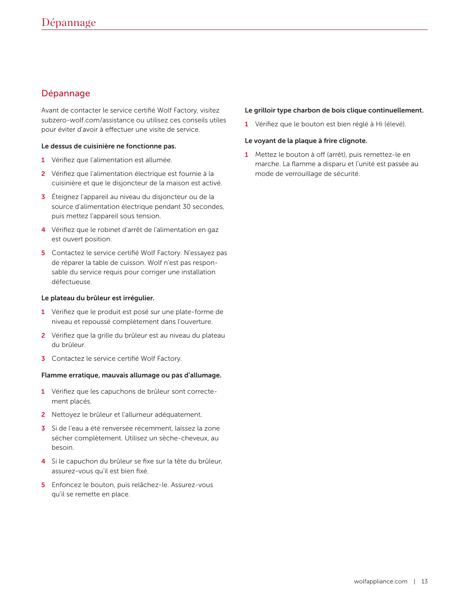 Dépannage | Wolf 36 Inch Pro-Style Gas Rangetop Use and Care Guide User Manual | Page 41 / 58