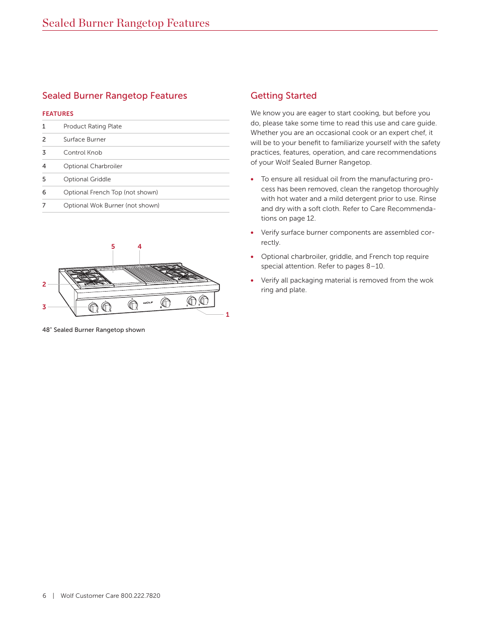 Sealed burner rangetop features, Getting started | Wolf 36 Inch Pro-Style Gas Rangetop Use and Care Guide User Manual | Page 6 / 58