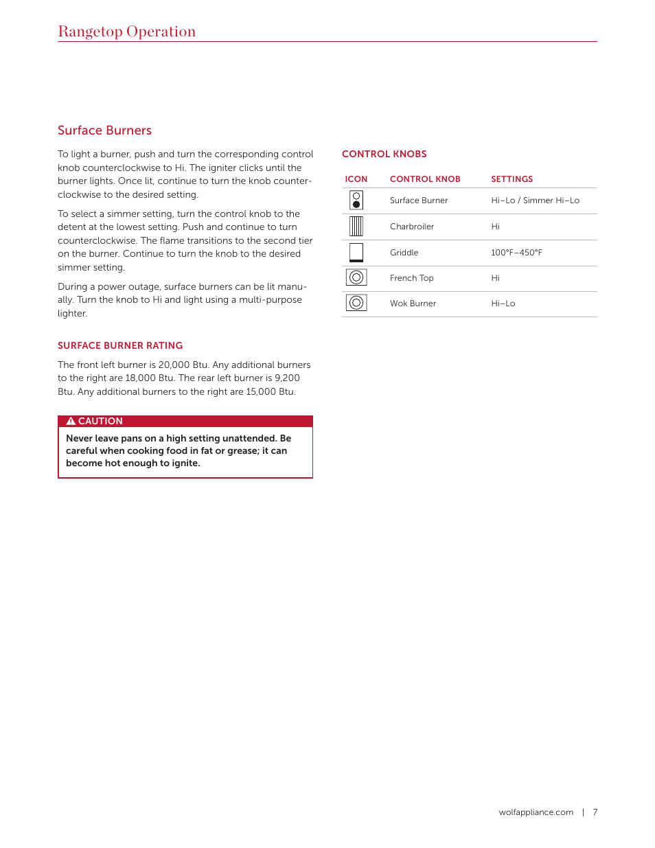 Rangetop operation, Surface burners | Wolf 36 Inch Pro-Style Gas Rangetop Use and Care Guide User Manual | Page 7 / 58