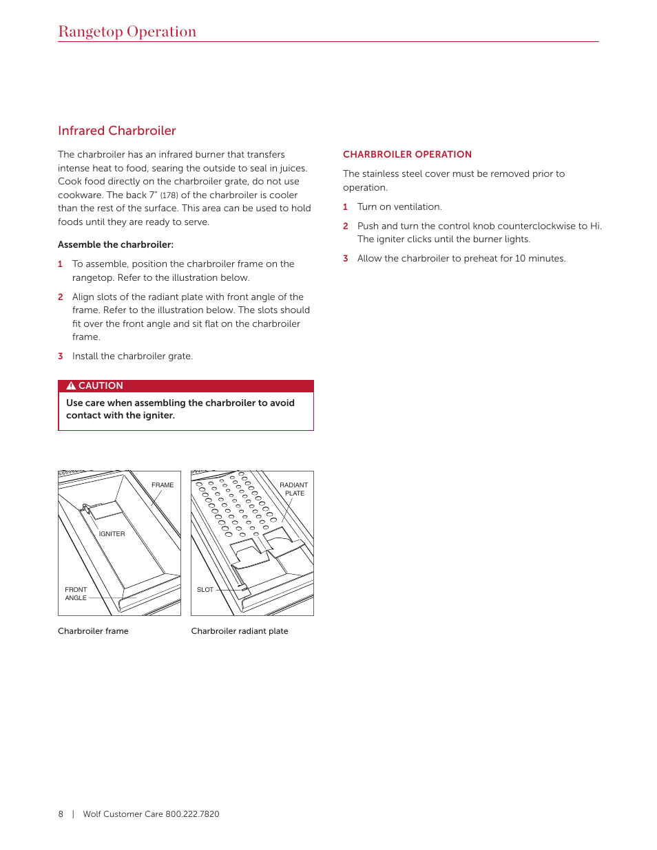 Rangetop operation, Infrared charbroiler | Wolf 36 Inch Pro-Style Gas Rangetop Use and Care Guide User Manual | Page 8 / 58