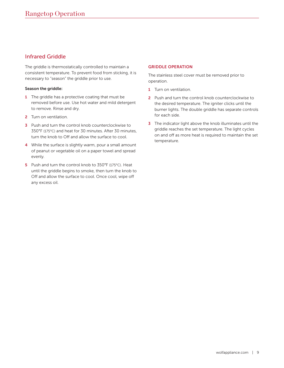 Rangetop operation, Infrared griddle | Wolf 36 Inch Pro-Style Gas Rangetop Use and Care Guide User Manual | Page 9 / 58