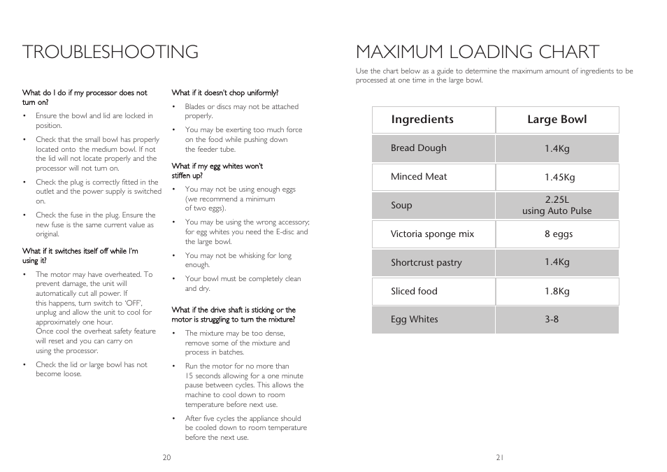 Maximum loading chart, Troubleshooting, Medium bowl small bowl | Ingredients large bowl | Dualit XL1500 User Manual | Page 11 / 13