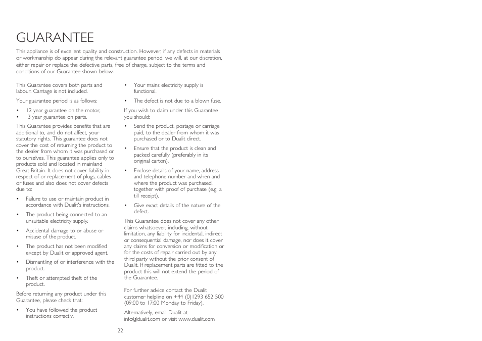 Guarantee | Dualit XL1500 User Manual | Page 12 / 13
