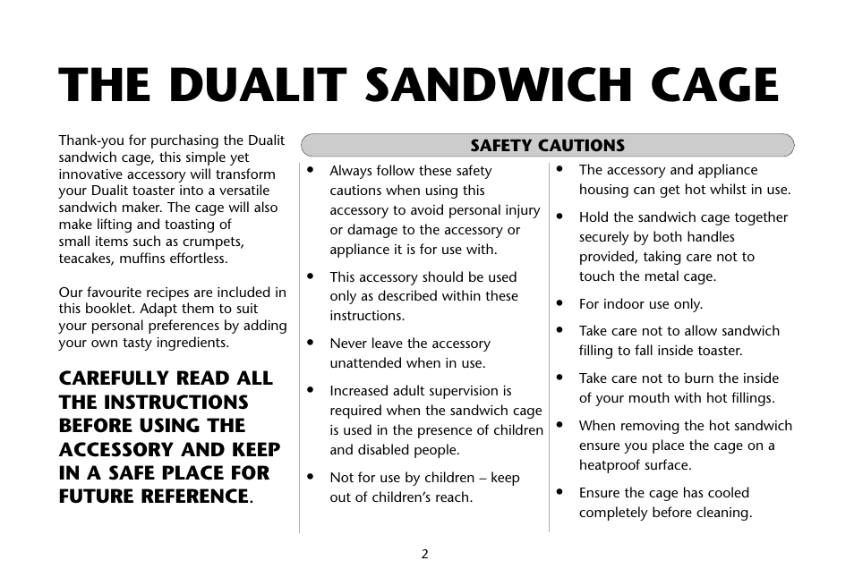 The dualit sandwich cage | Dualit Sandwich Cage User Manual | Page 2 / 10