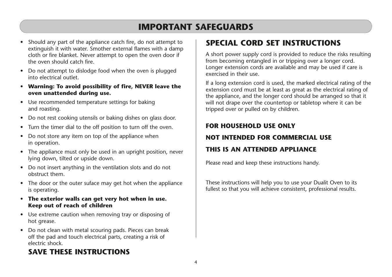 Important safeguards, Special cord set instructions, Save these instructions | Dualit Mini Oven UK 06/05 User Manual | Page 4 / 8