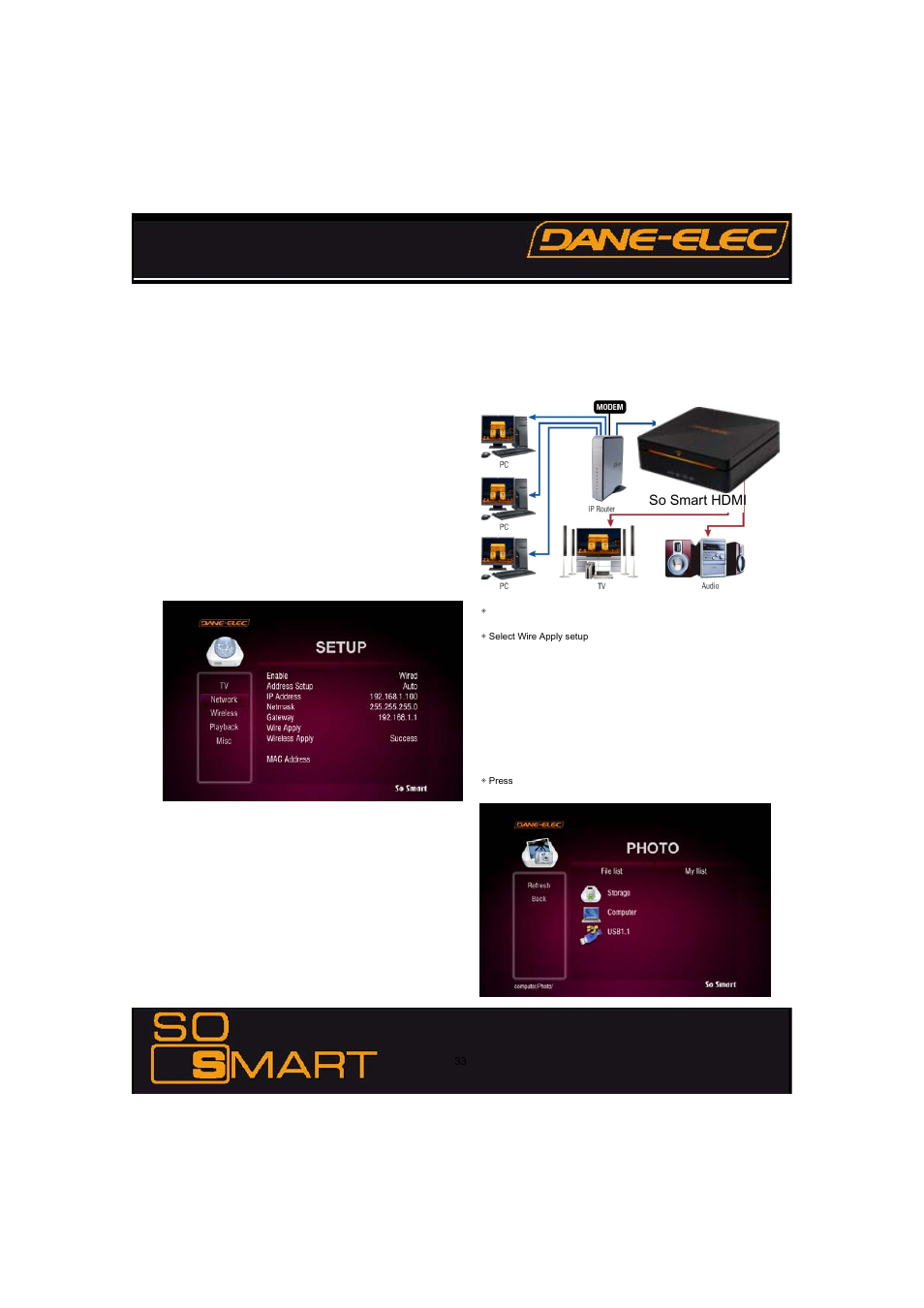 Diapositive numéro 33, Chapter 4: connecting so smart to a network, So smart hdmi | Dane-Elec Memory SO SMART 802.11 User Manual | Page 33 / 53