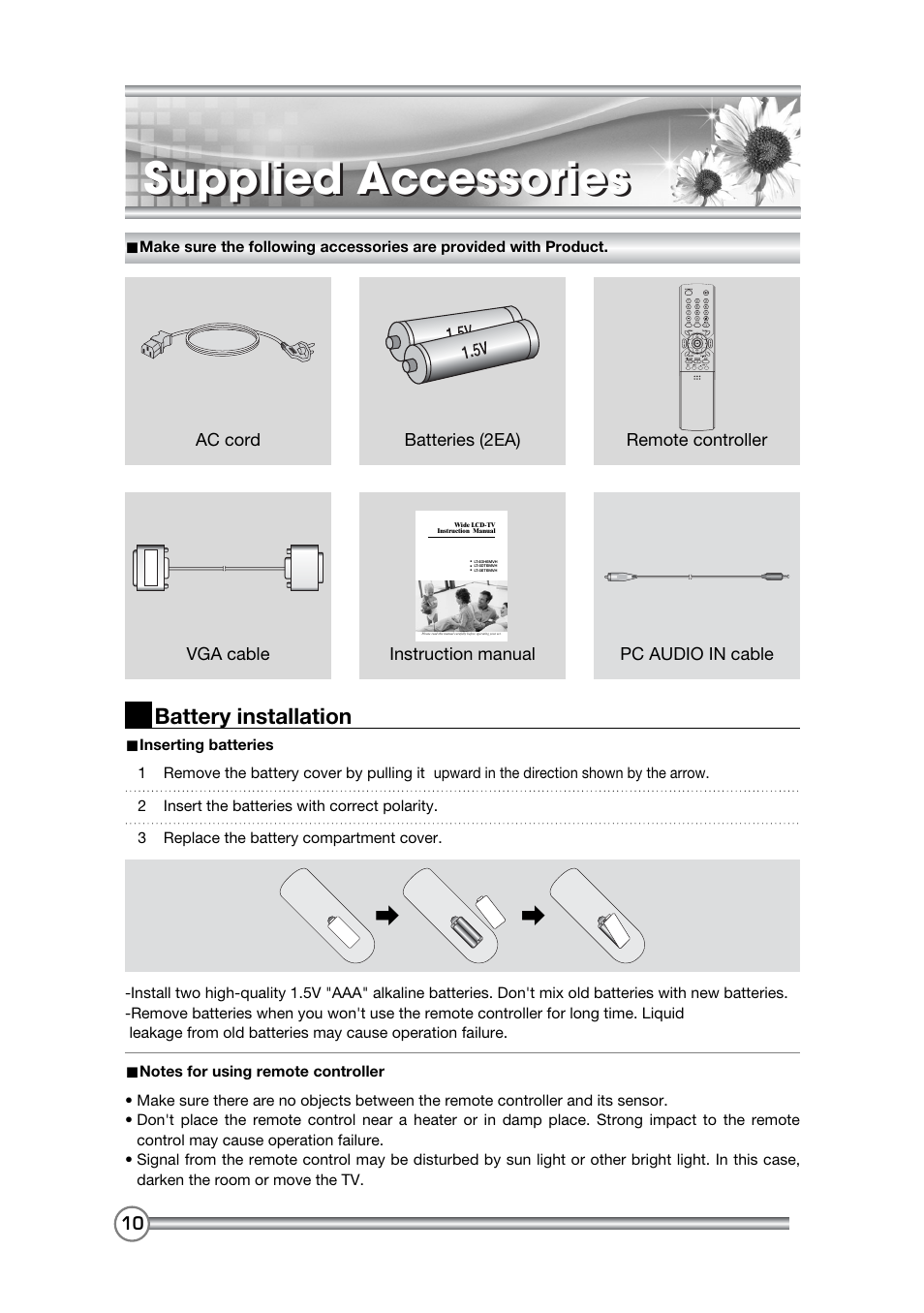 Supplied accessories, Battery installation | DiBoss LCD-TV LT-40H6MVH User Manual | Page 11 / 48