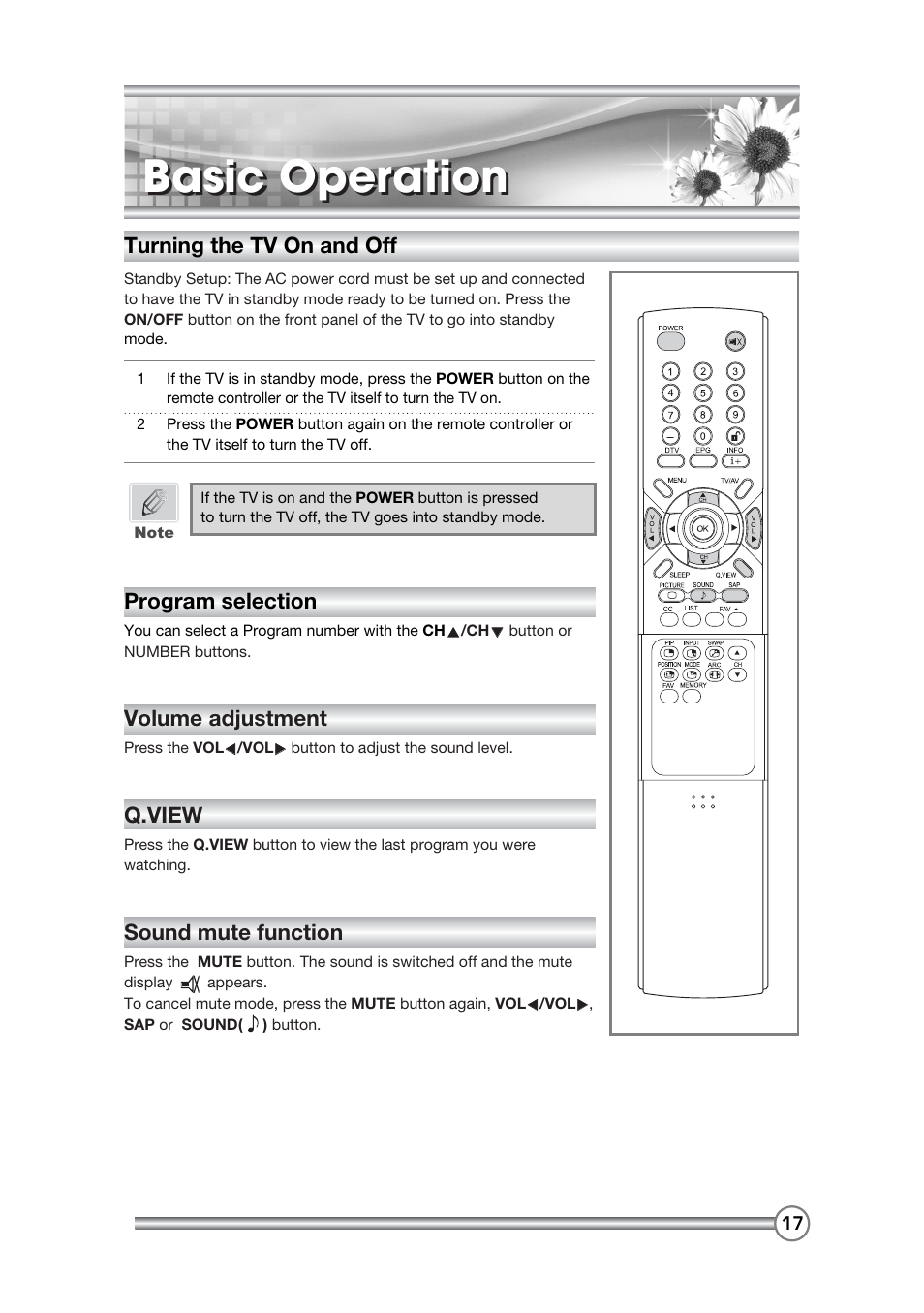 Basic operation, Program selection, Volume adjustment | Q.view, Sound mute function, Turning the tv on and off | DiBoss LCD-TV LT-40H6MVH User Manual | Page 18 / 48