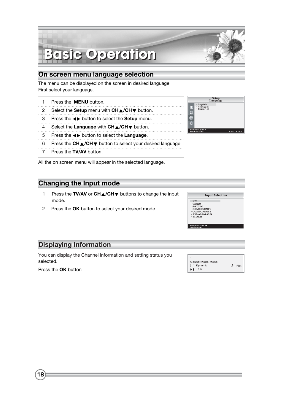 Basic operation, On screen menu language selection, Changing the input mode displaying information | DiBoss LCD-TV LT-40H6MVH User Manual | Page 19 / 48