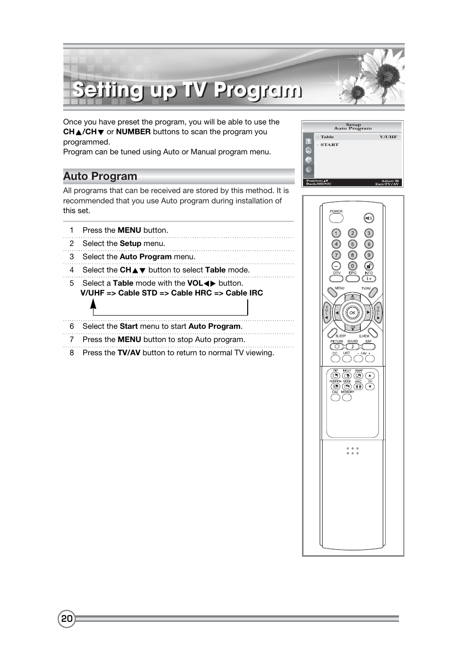 Setting up tv program, Auto program | DiBoss LCD-TV LT-40H6MVH User Manual | Page 21 / 48