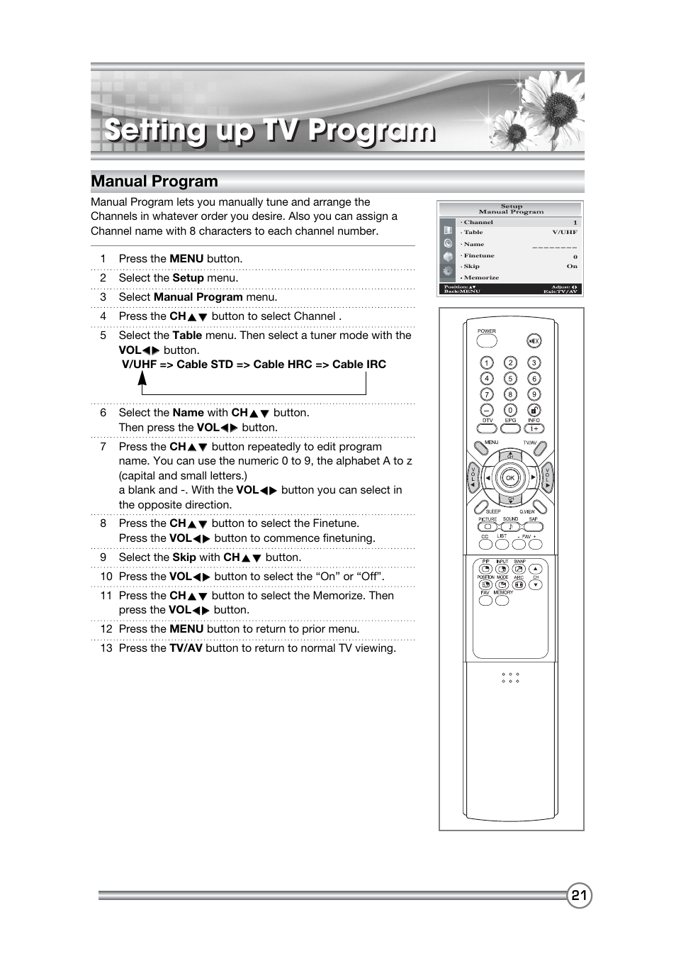 Setting up tv program, Manual program | DiBoss LCD-TV LT-40H6MVH User Manual | Page 22 / 48