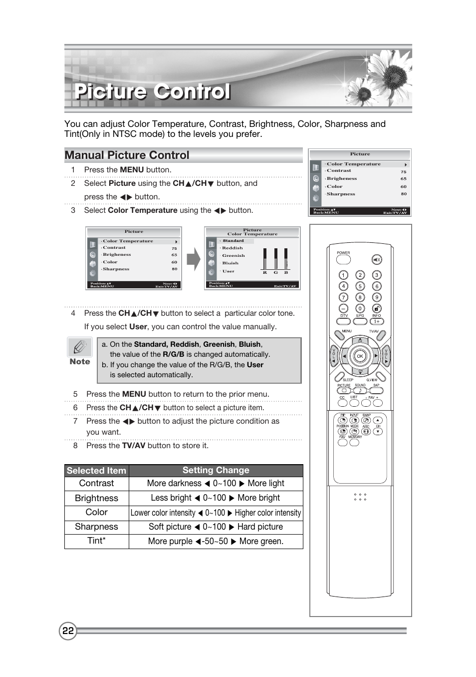 Picture control, Manual picture control | DiBoss LCD-TV LT-40H6MVH User Manual | Page 23 / 48