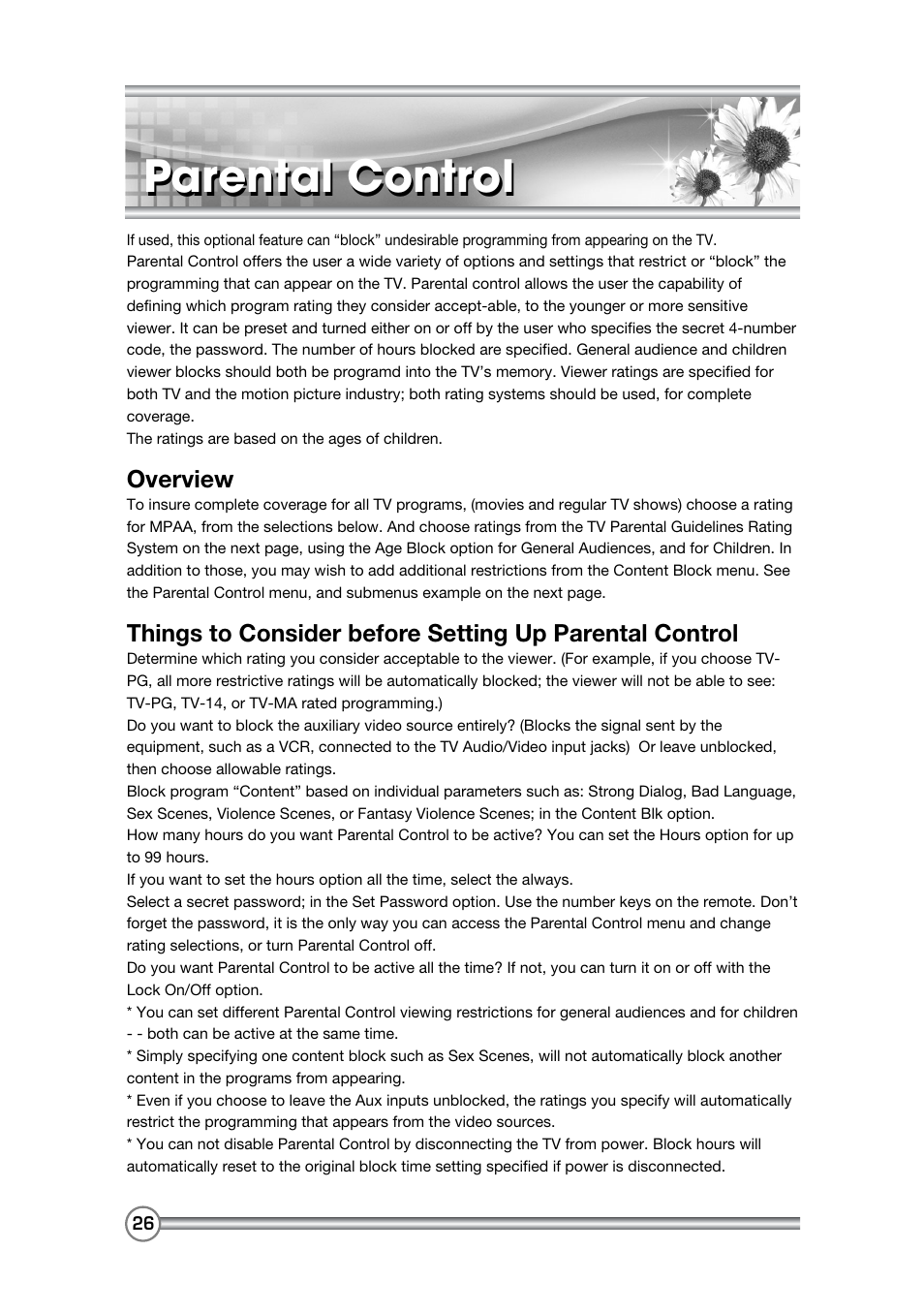 Parental control, Overview | DiBoss LCD-TV LT-40H6MVH User Manual | Page 27 / 48