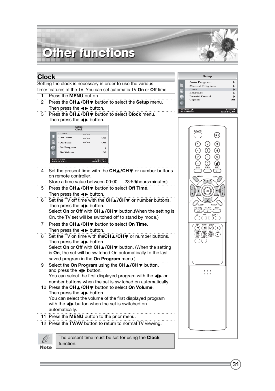 Other functions, Clock | DiBoss LCD-TV LT-40H6MVH User Manual | Page 32 / 48