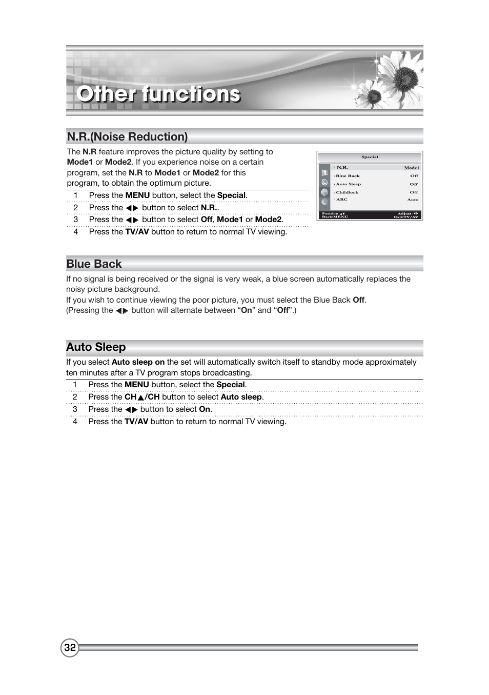 Other functions, Auto sleep, N.r.(noise reduction) | Blue back | DiBoss LCD-TV LT-40H6MVH User Manual | Page 33 / 48
