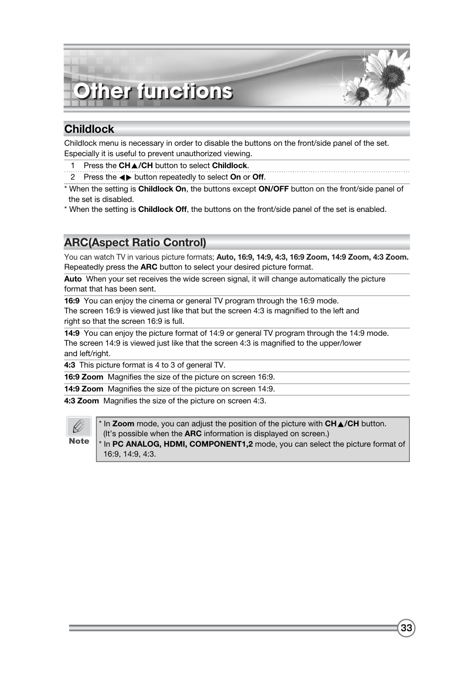Other functions, Childlock, Arc(aspect ratio control) | DiBoss LCD-TV LT-40H6MVH User Manual | Page 34 / 48