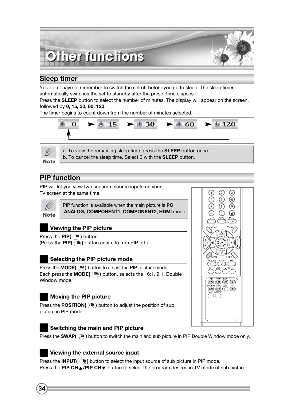 Other functions, Sleep timer, Pip function | DiBoss LCD-TV LT-40H6MVH User Manual | Page 35 / 48