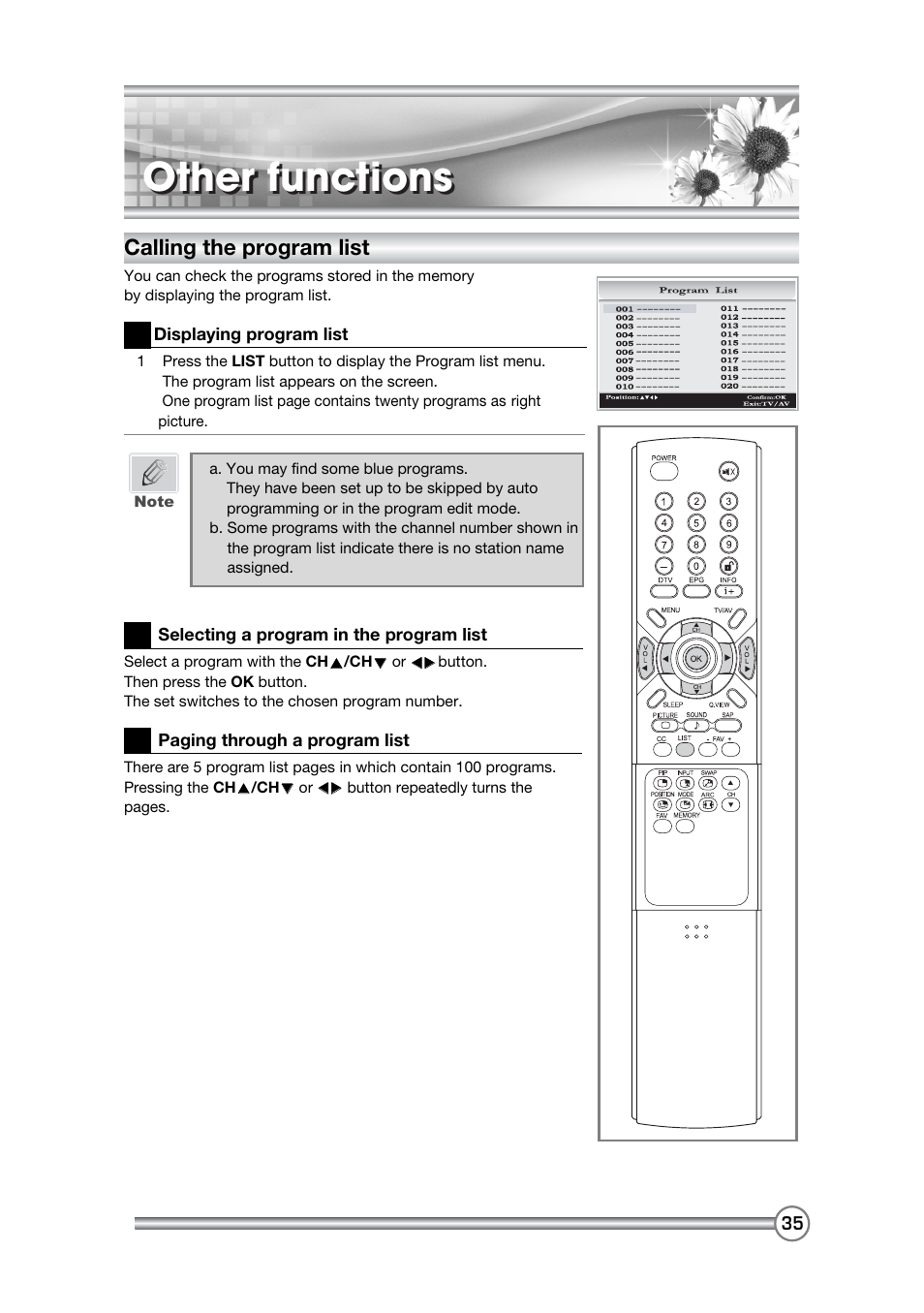 Other functions, Calling the program list | DiBoss LCD-TV LT-40H6MVH User Manual | Page 36 / 48