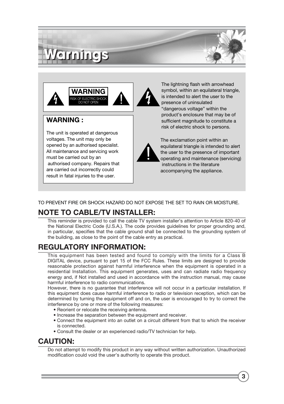 Warnings, Regulatory information, Caution | Warning | DiBoss LCD-TV LT-40H6MVH User Manual | Page 4 / 48