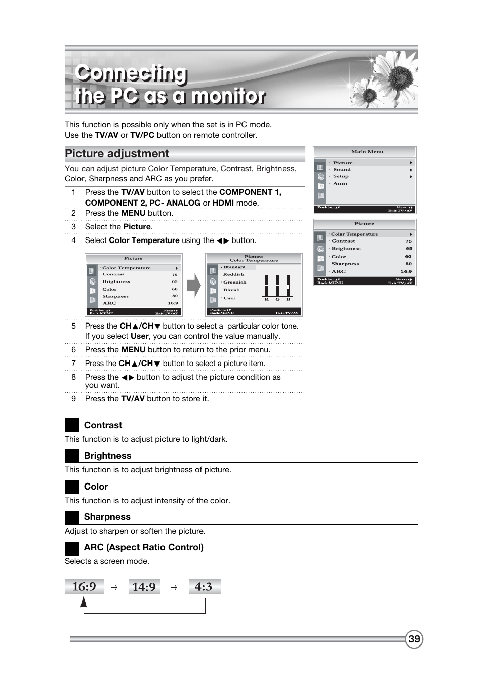 Connecting the pc as a monitor, Picture adjustment | DiBoss LCD-TV LT-40H6MVH User Manual | Page 40 / 48