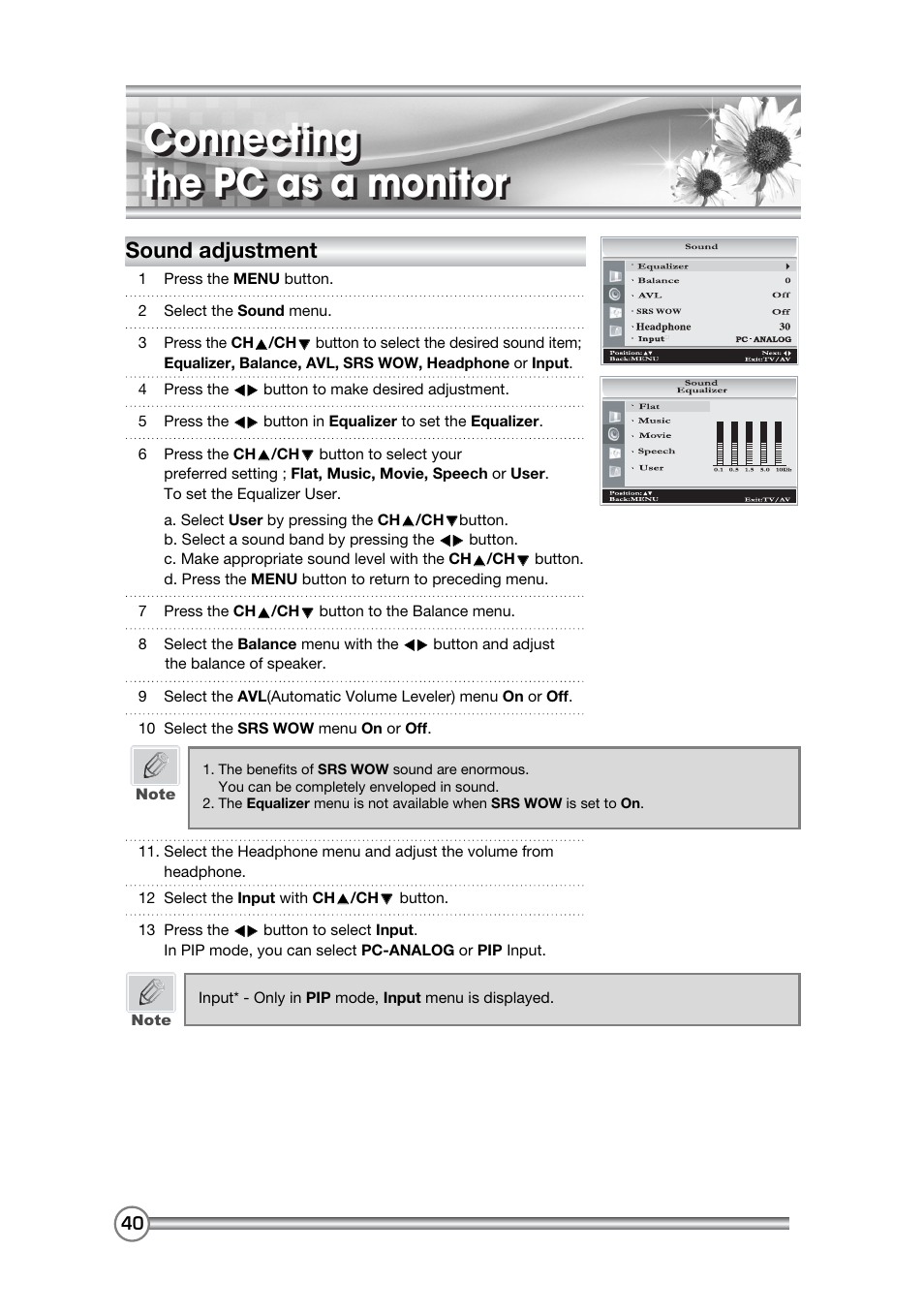 Connecting the pc as a monitor, Sound adjustment | DiBoss LCD-TV LT-40H6MVH User Manual | Page 41 / 48