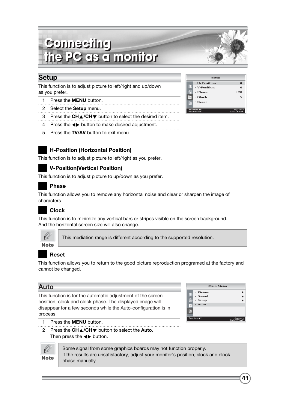 Connecting the pc as a monitor, Setup, Auto | DiBoss LCD-TV LT-40H6MVH User Manual | Page 42 / 48