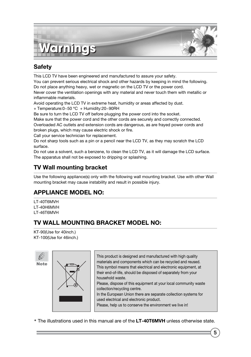 Warnings | DiBoss LCD-TV LT-40H6MVH User Manual | Page 6 / 48