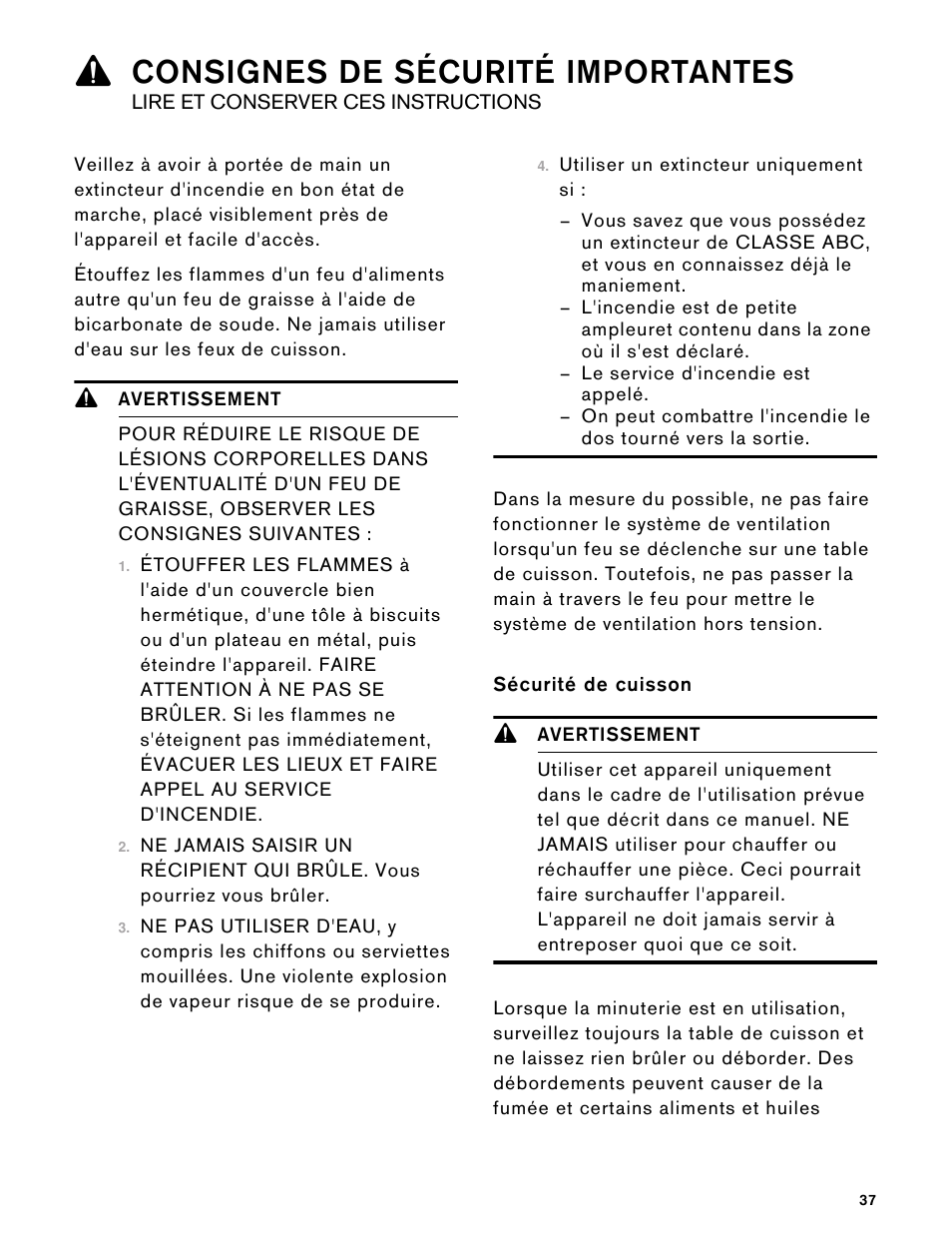 9 avertissement, Utiliser un extincteur uniquement si, Sécurité de cuisson | 9consignes de sécurité importantes | Gaggenau 15 Inch Induction Cooktop Instructions User Manual | Page 37 / 68