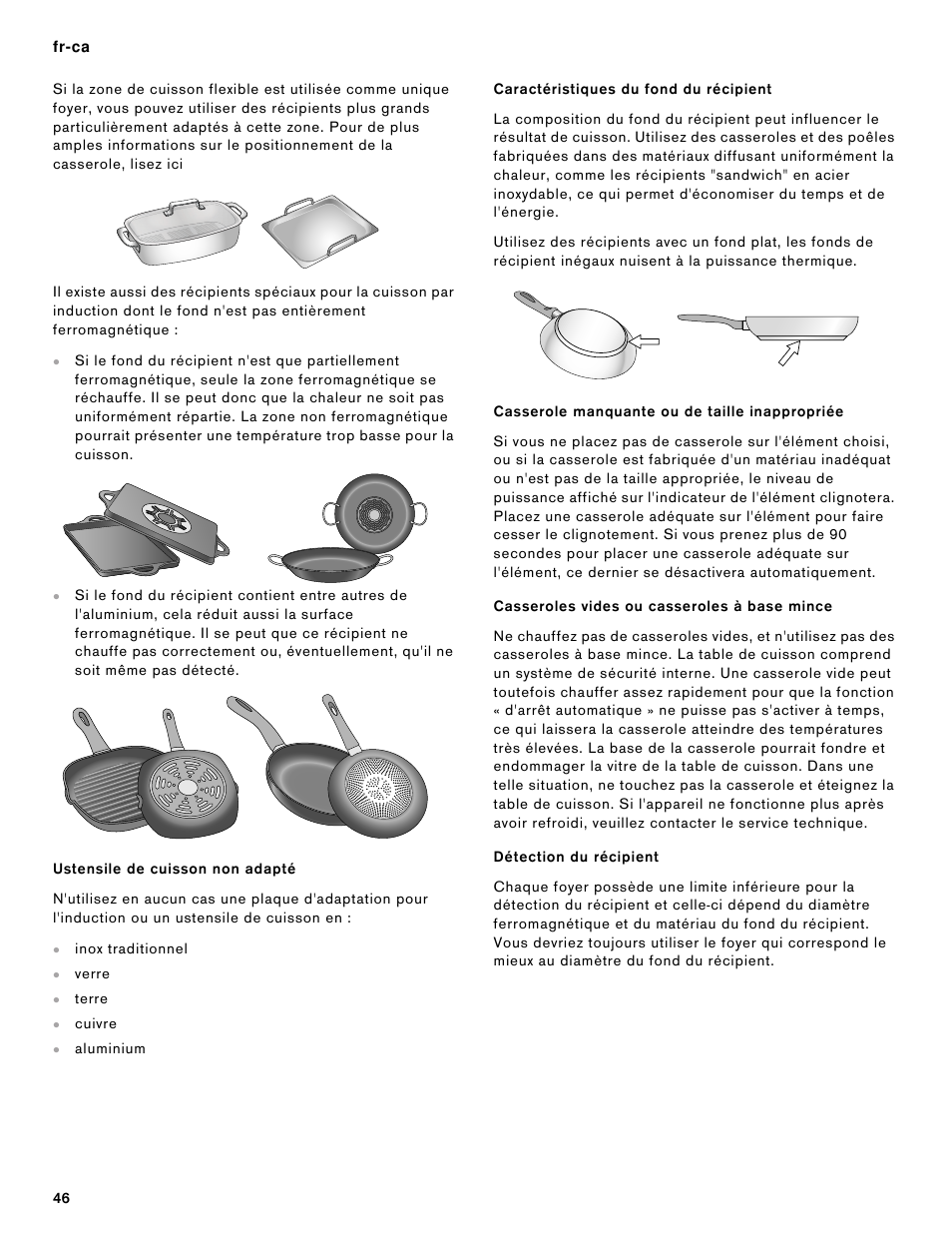 Ustensile de cuisson non adapté, Caractéristiques du fond du récipient, Casserole manquante ou de taille inappropriée | Casseroles vides ou casseroles à base mince, Détection du récipient | Gaggenau 15 Inch Induction Cooktop Instructions User Manual | Page 46 / 68