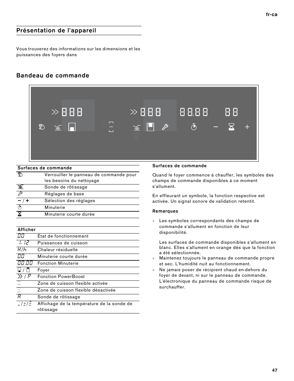 Présentation de l'appareil, Bandeau de commande, Surfaces de commande | Afficher, Remarques | Gaggenau 15 Inch Induction Cooktop Instructions User Manual | Page 47 / 68