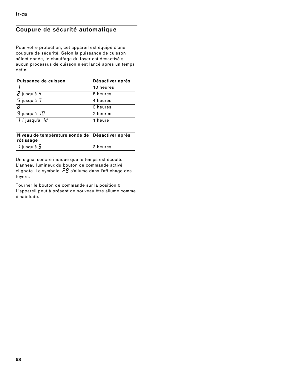 Coupure de sécurité automatique, Puissance de cuisson, Désactiver après | Niveau de température sonde de rôtissage | Gaggenau 15 Inch Induction Cooktop Instructions User Manual | Page 58 / 68