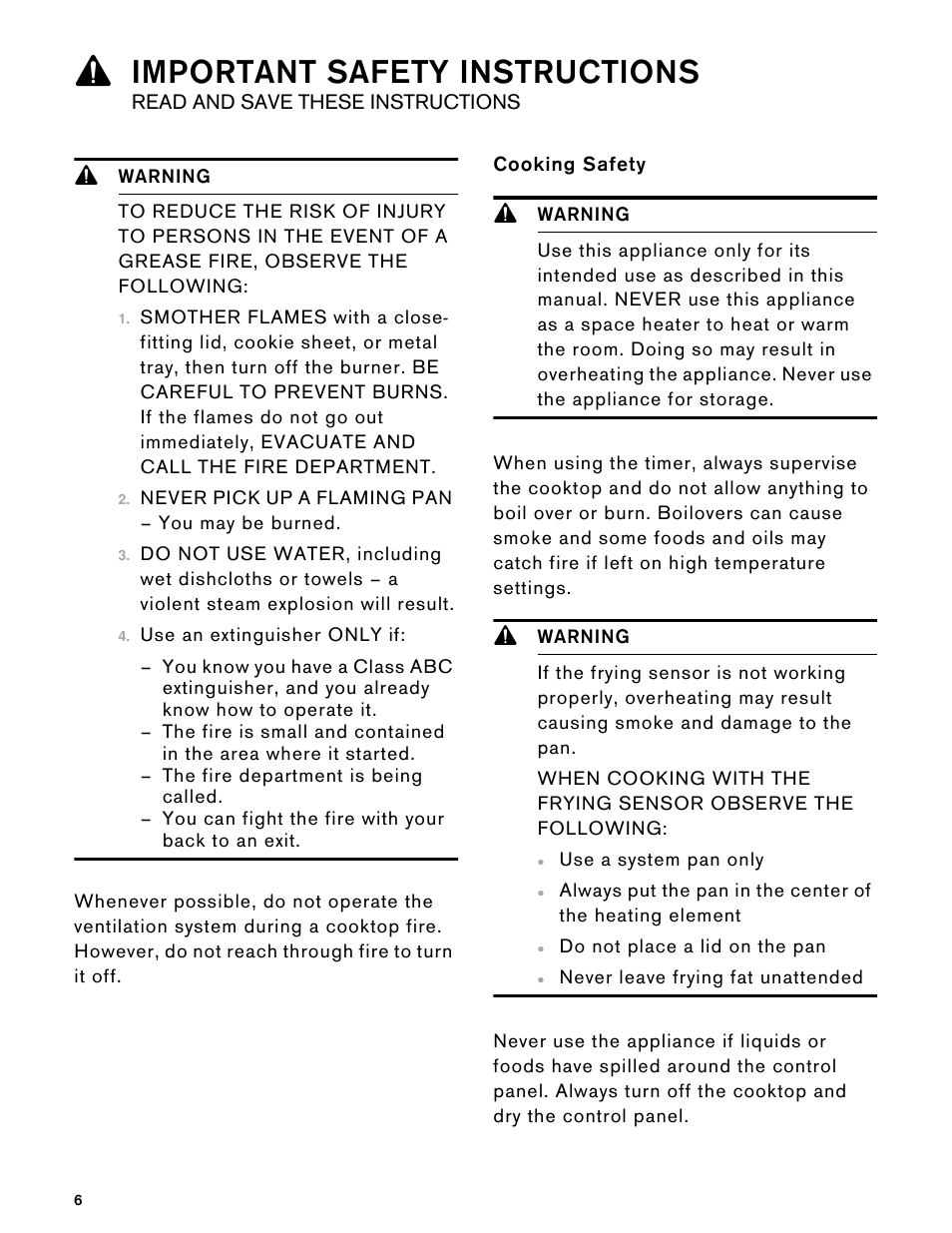 9 warning, Never pick up a flaming pan – you may be burned, Use an extinguisher only if | Cooking safety, 9important safety instructions | Gaggenau 15 Inch Induction Cooktop Instructions User Manual | Page 6 / 68