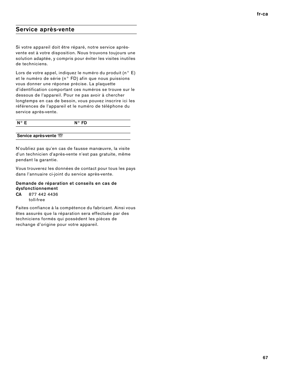 Service après-vente, N° e, N° fd | Gaggenau 15 Inch Induction Cooktop Instructions User Manual | Page 67 / 68
