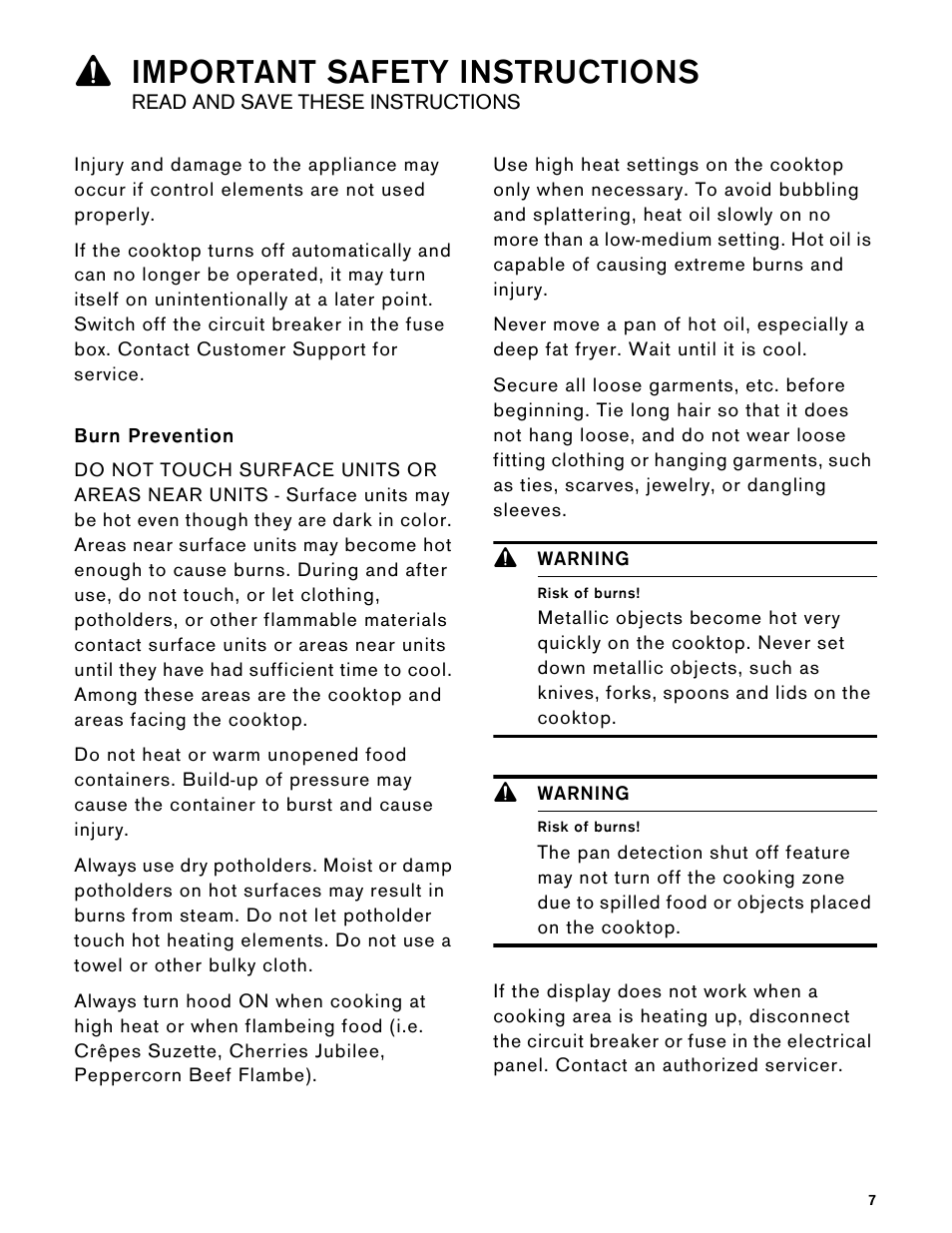 Burn prevention, 9 warning, Risk of burns | 9important safety instructions | Gaggenau 15 Inch Induction Cooktop Instructions User Manual | Page 7 / 68