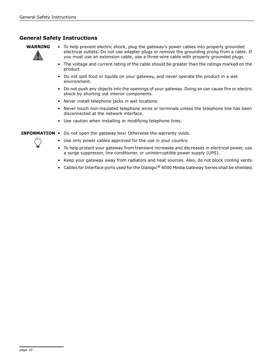 General safety instructions | Dialogic 4000 User Manual | Page 10 / 32