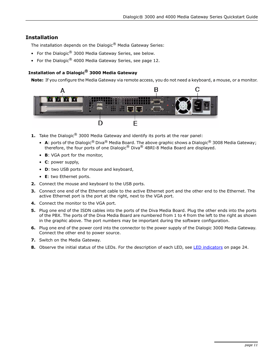 Installation, Installation of a dialogic® 3000 media gateway | Dialogic 4000 User Manual | Page 11 / 32