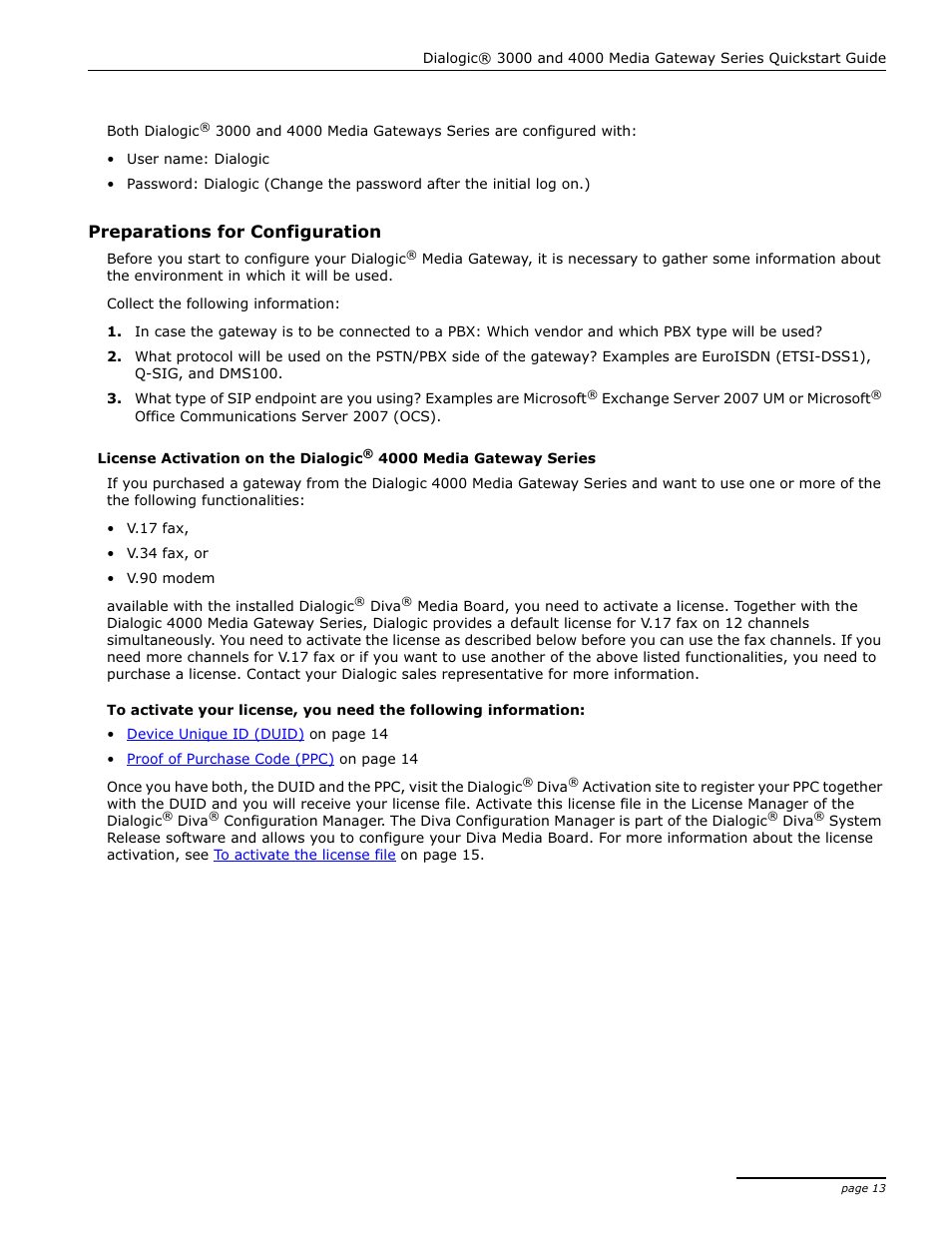 Preparations for configuration | Dialogic 4000 User Manual | Page 13 / 32