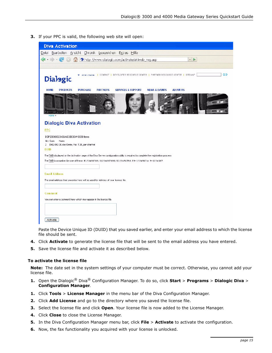 To activate the license file, Tion, see | Dialogic 4000 User Manual | Page 15 / 32
