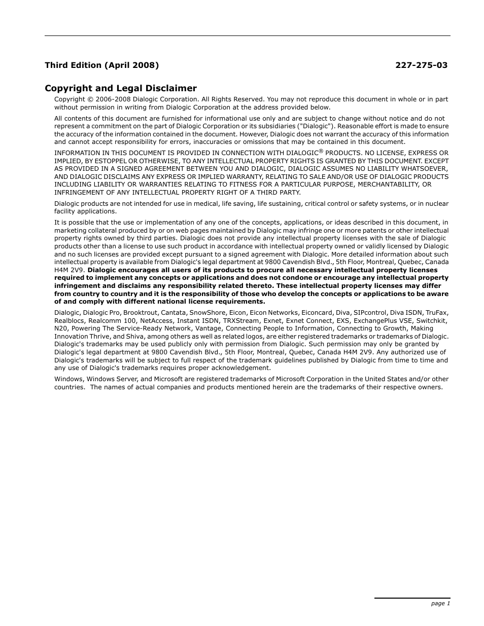 Copyright and legal disclaimer | Dialogic 4000 User Manual | Page 2 / 32
