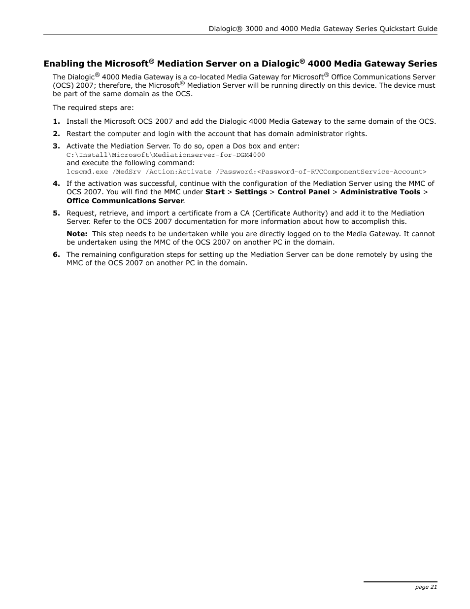 Y series go to, Enabling the | Dialogic 4000 User Manual | Page 21 / 32