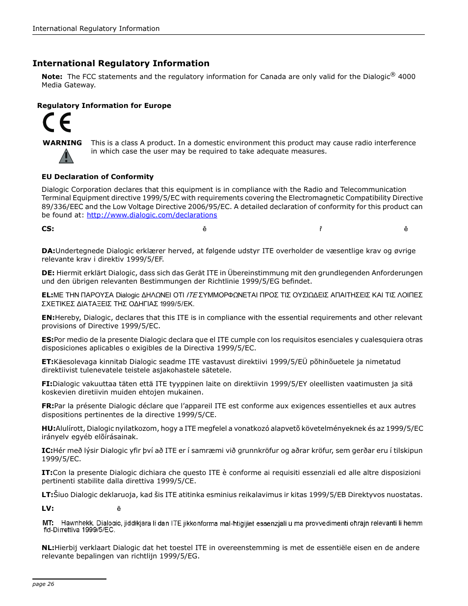 International regulatory information, Regulatory information for europe | Dialogic 4000 User Manual | Page 26 / 32