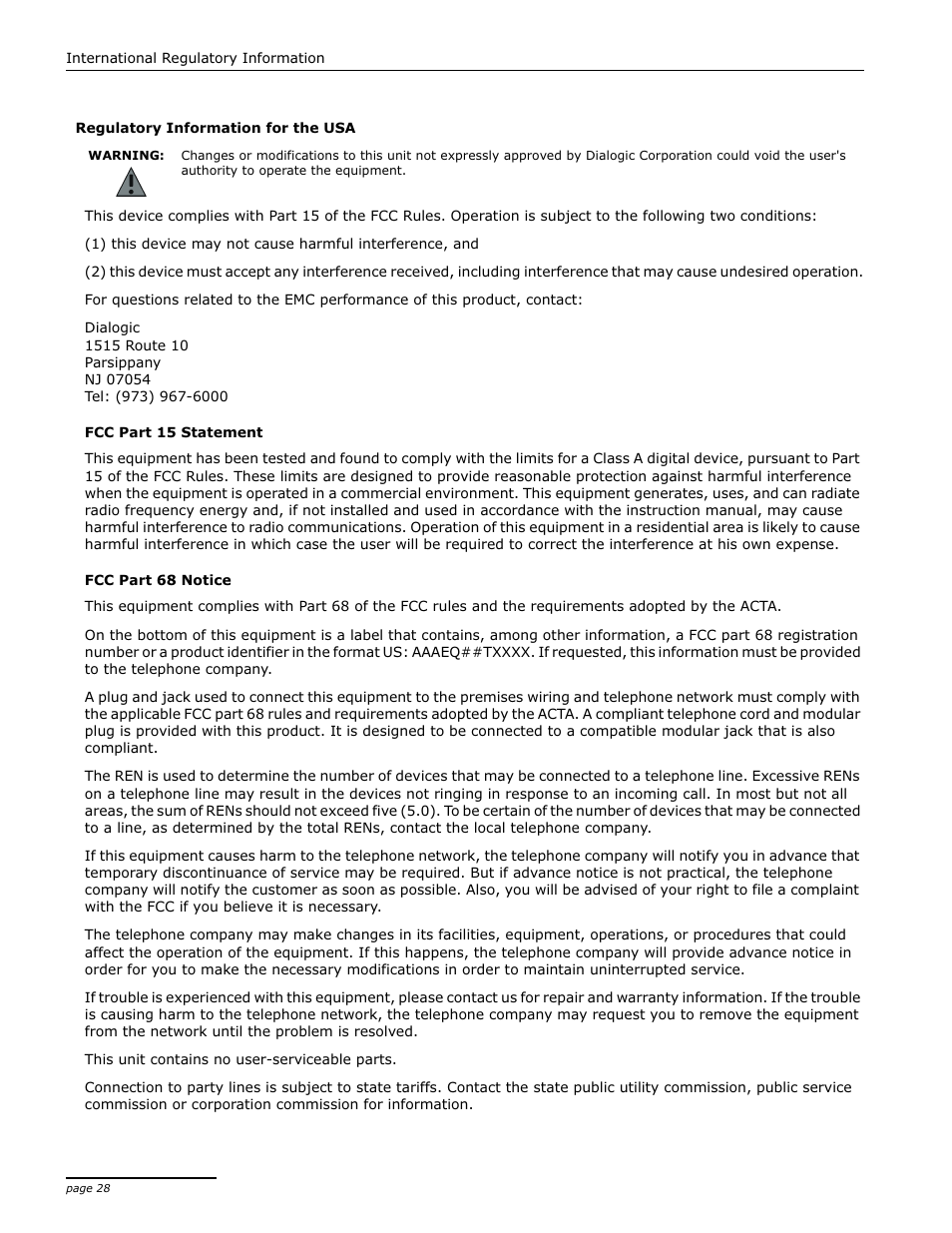 Regulatory information for the usa | Dialogic 4000 User Manual | Page 28 / 32