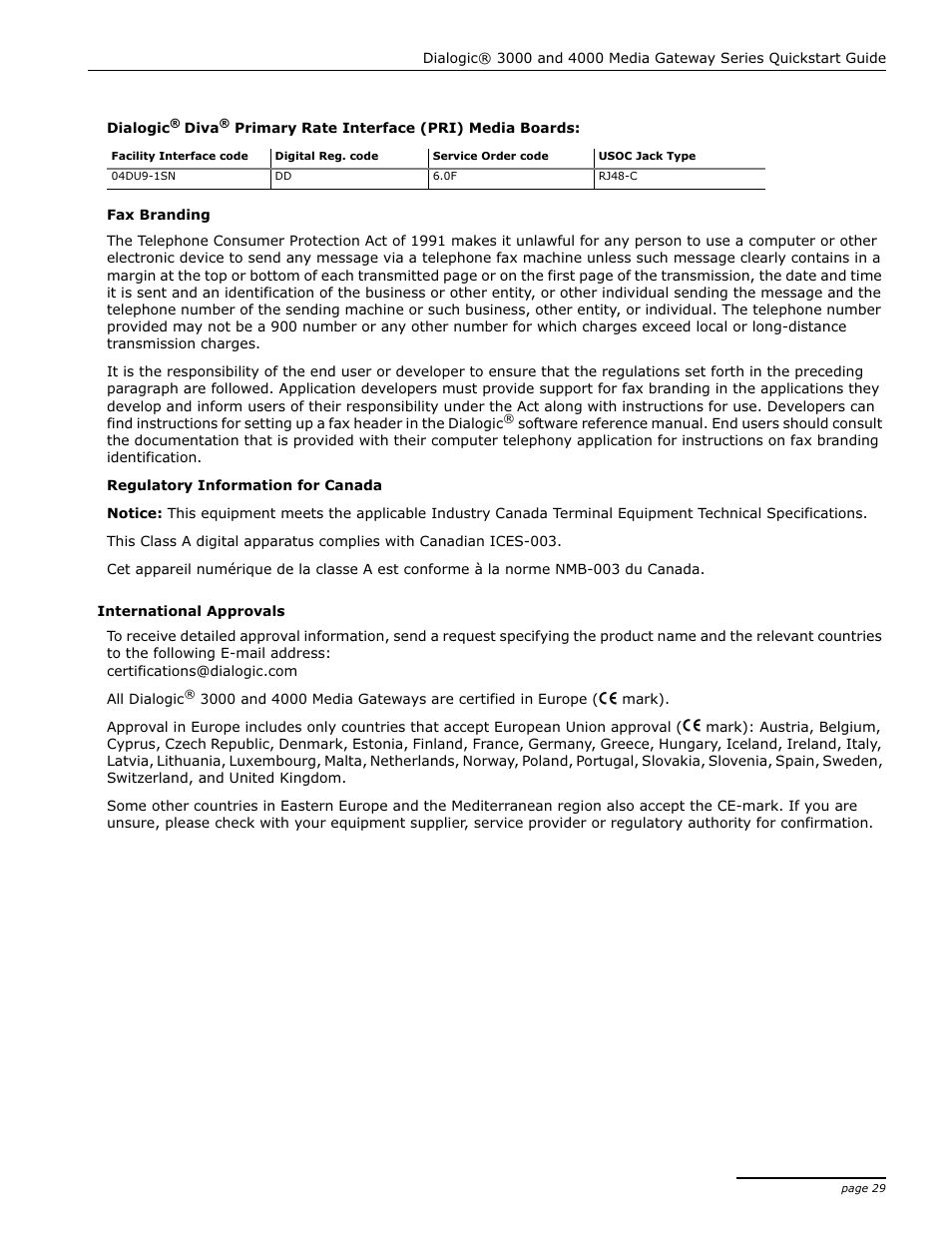 International approvals | Dialogic 4000 User Manual | Page 29 / 32