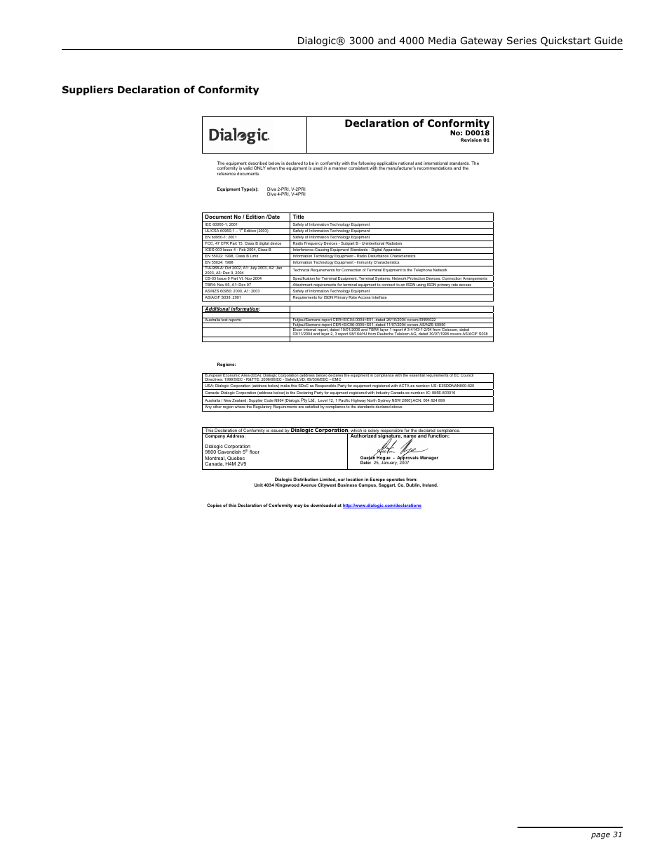 Suppliers declaration of conformity, Declaration of conformity, Page 31 | Dialogic 4000 User Manual | Page 31 / 32