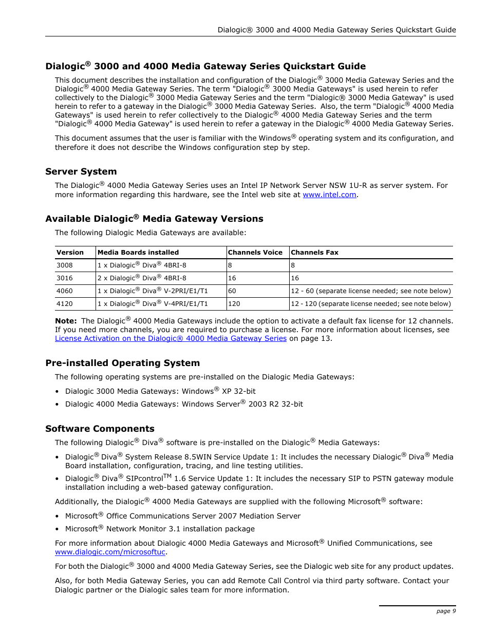 Server system, Available dialogic® media gateway versions, Pre-installed operating system | Software components, Dialogic, Available dialogic, Media gateway versions | Dialogic 4000 User Manual | Page 9 / 32