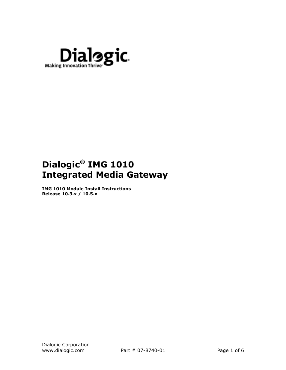 Dialogic Integrated Media Gateways IMG 1010 User Manual | 6 pages